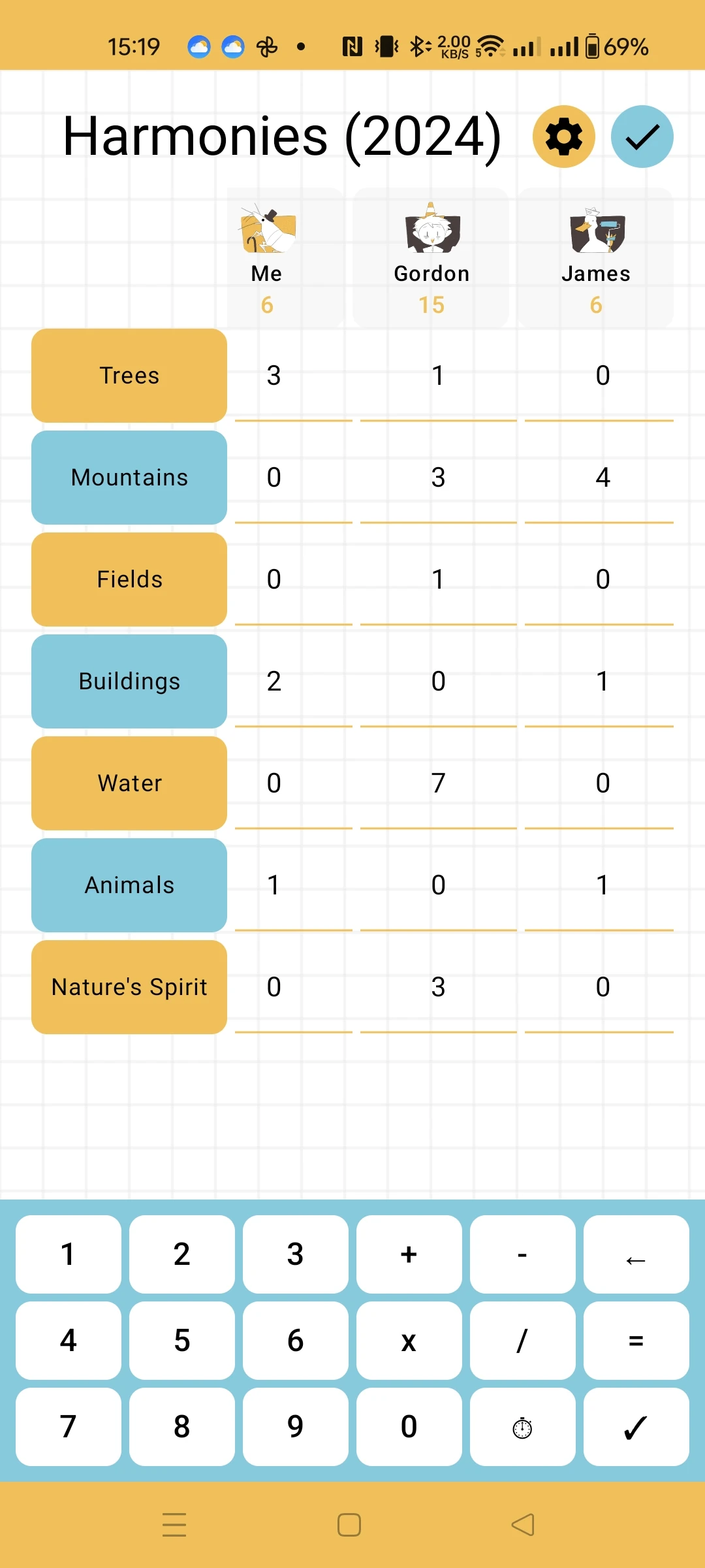 GamesBook score entry screen for a round of a strategy board game